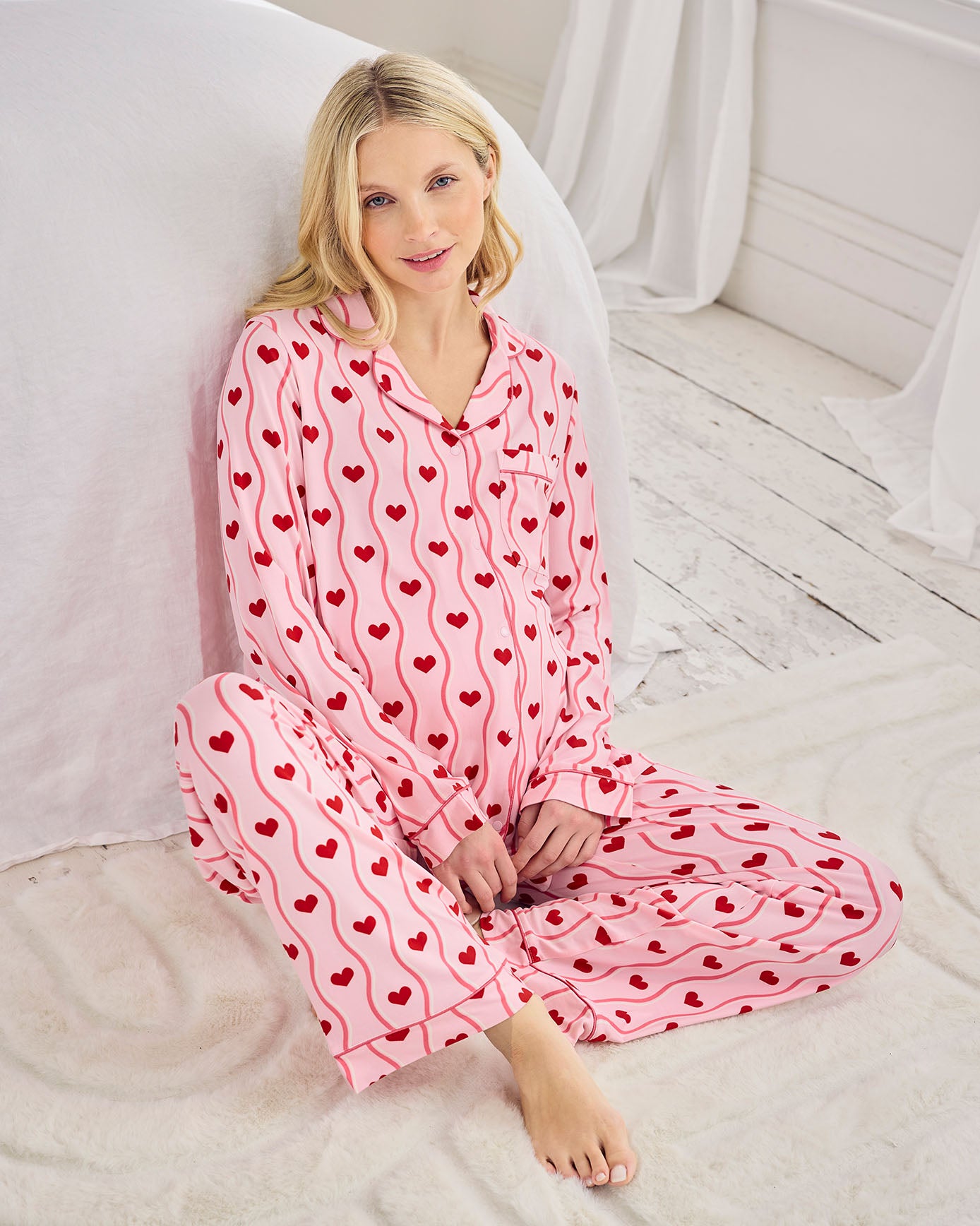 Maternity Wavy Stripe Heart Print Long Pyjama Set