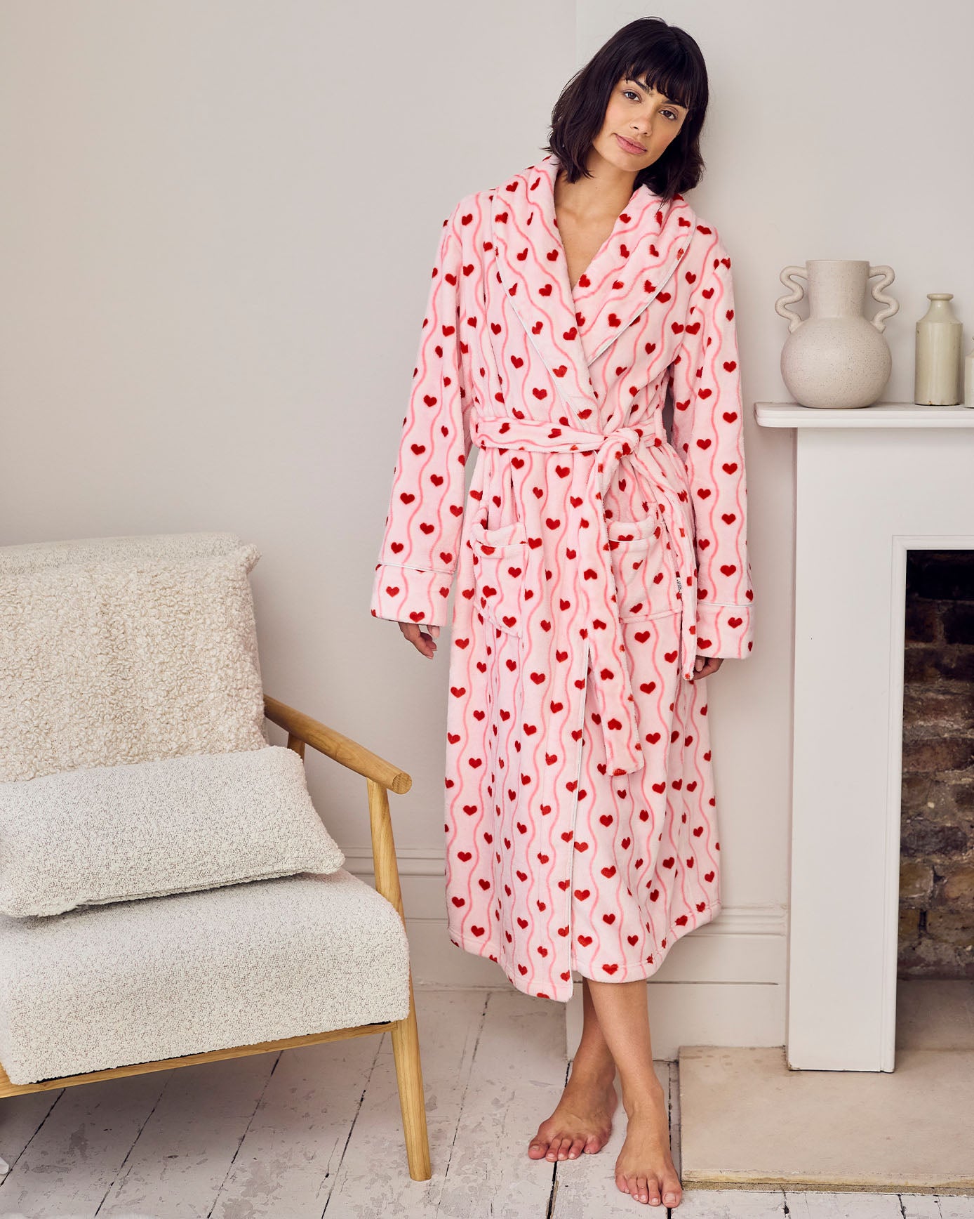 Flannel Wavy Stripe Heart Print Long Dressing Gown