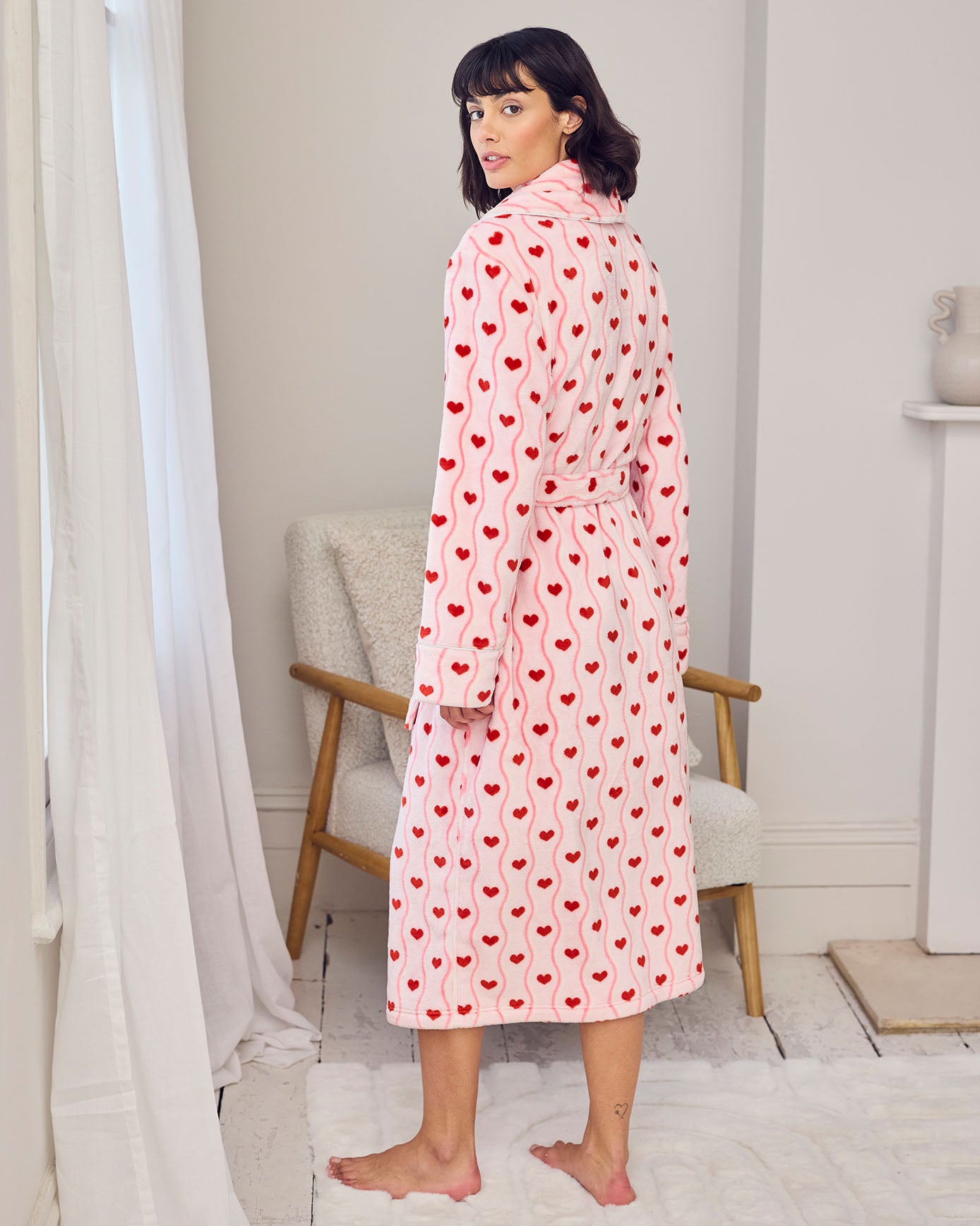 Flannel Wavy Stripe Heart Print Long Dressing Gown