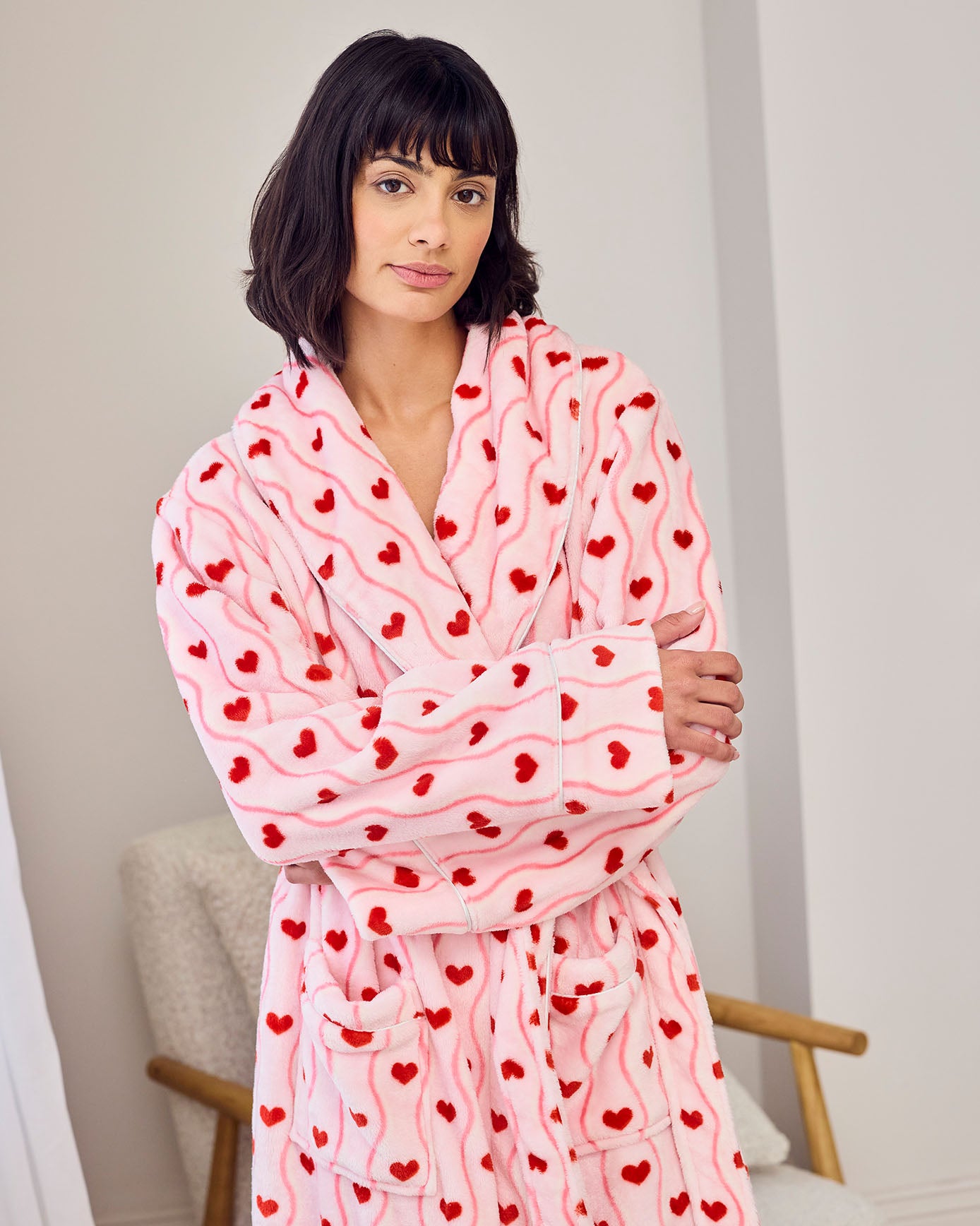 Flannel Wavy Stripe Heart Print Long Dressing Gown