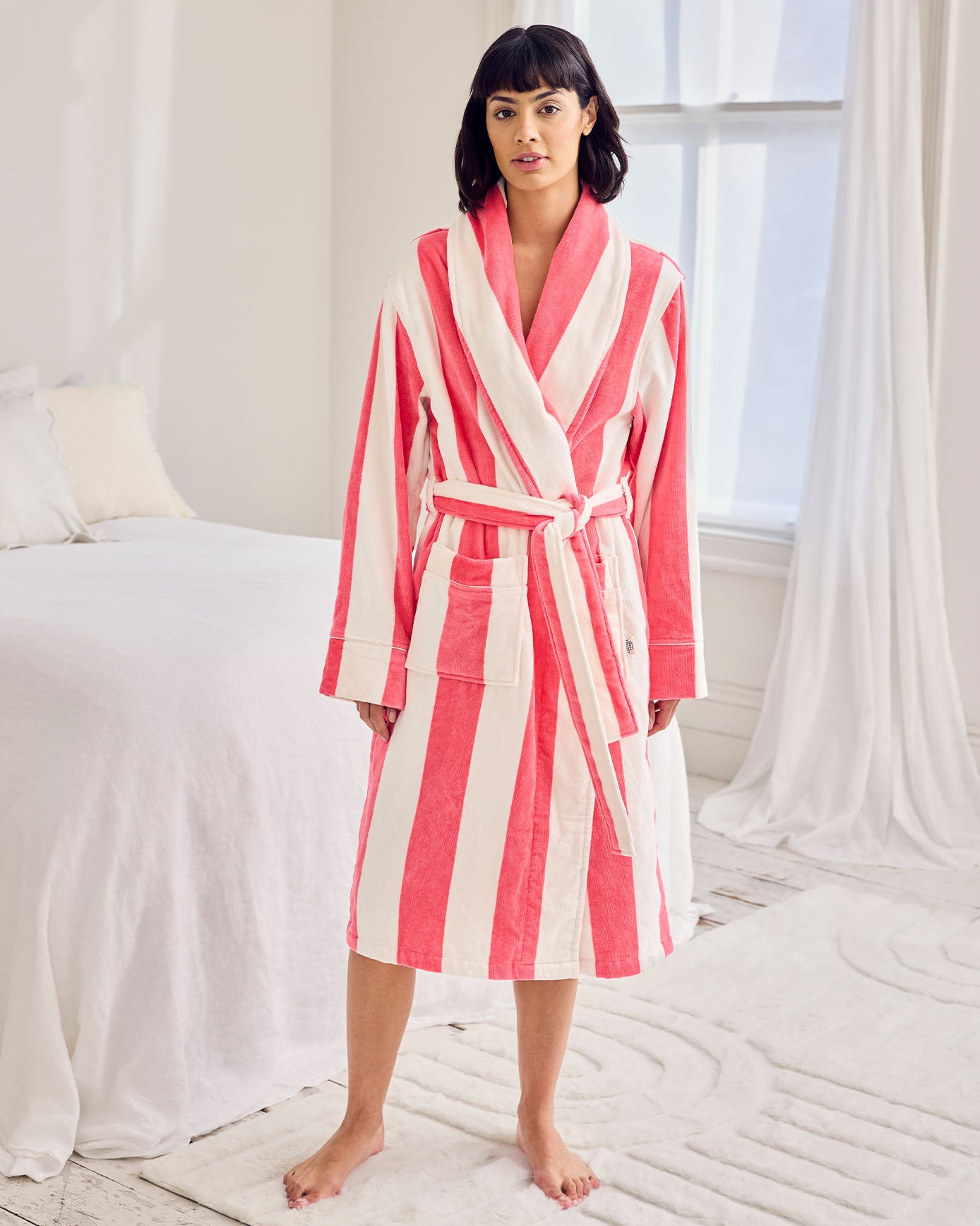 Flannel Towelling Stripe Dressing Gown - Pink