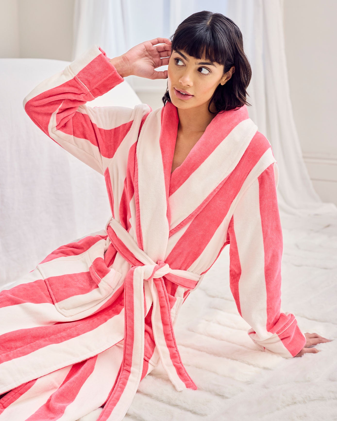 Flannel Towelling Stripe Dressing Gown - Pink