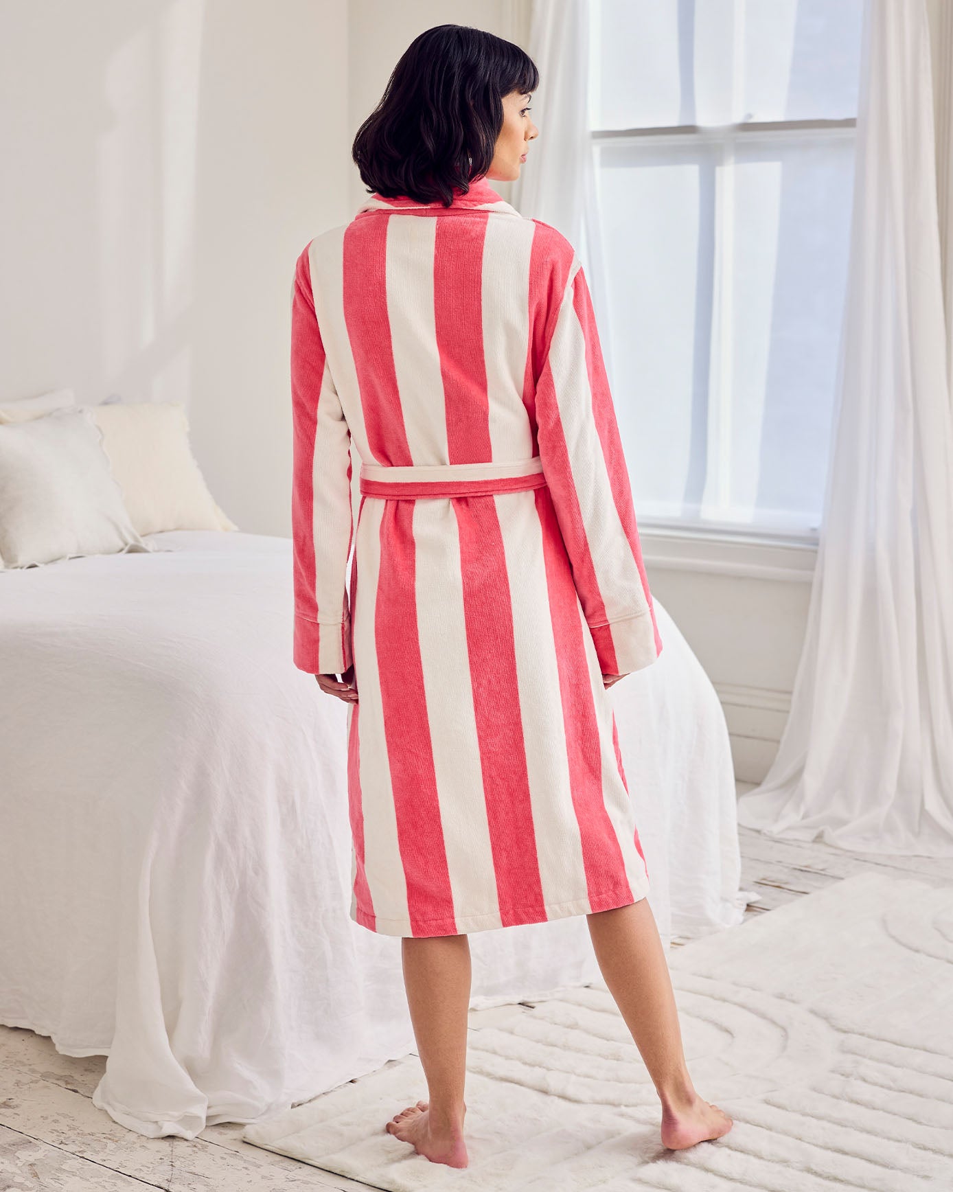 Flannel Towelling Stripe Dressing Gown - Pink
