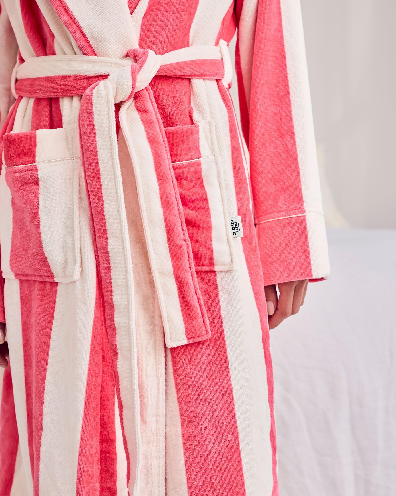 Flannel Towelling Stripe Dressing Gown - Pink