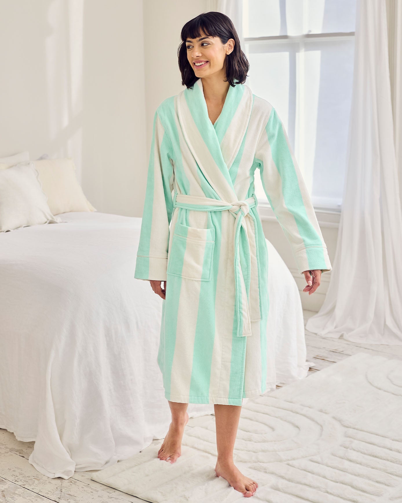 Flannel Towelling Stripe Dressing Gown - Aqua