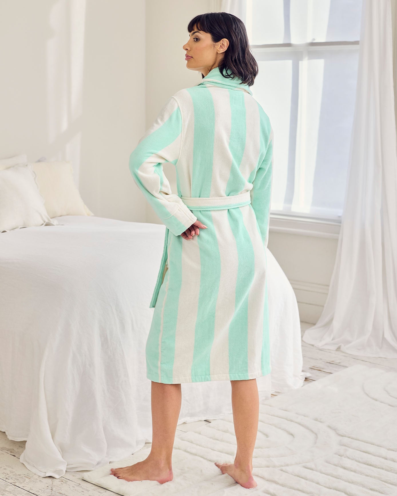 Flannel Towelling Stripe Dressing Gown - Aqua