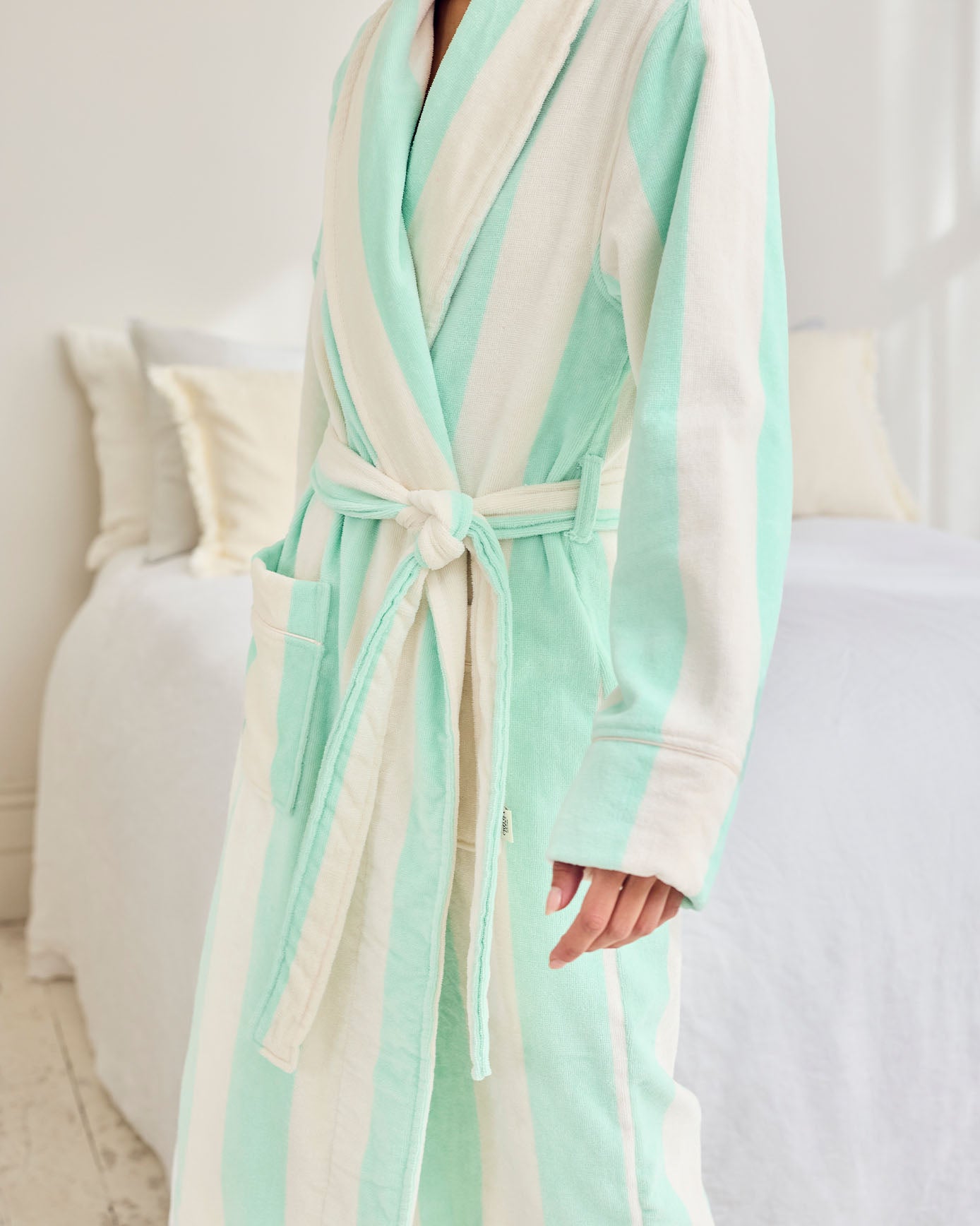 Flannel Towelling Stripe Dressing Gown - Aqua