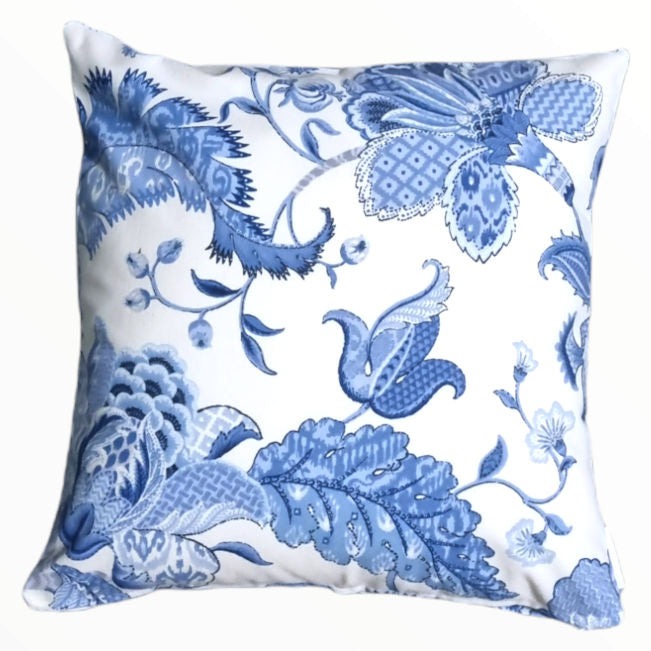 Crisp White and Blue Floral Hamptons Style Indoor Cushion