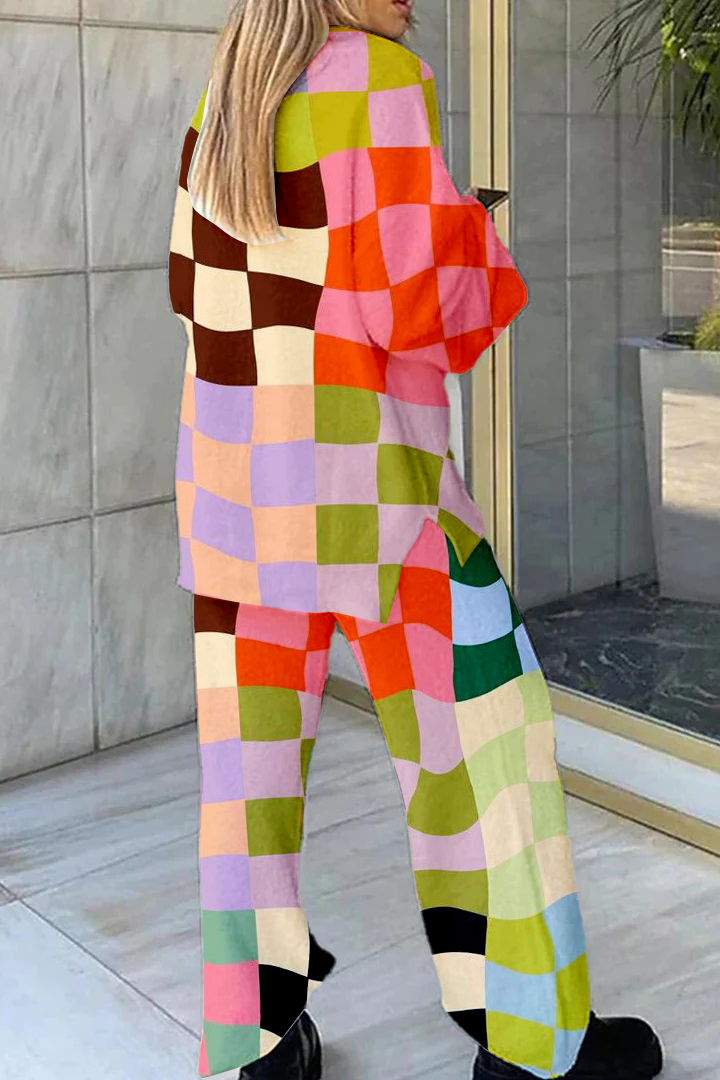 Women's Colorblock Plaid Print Home V Neck Long Sleeve Suit