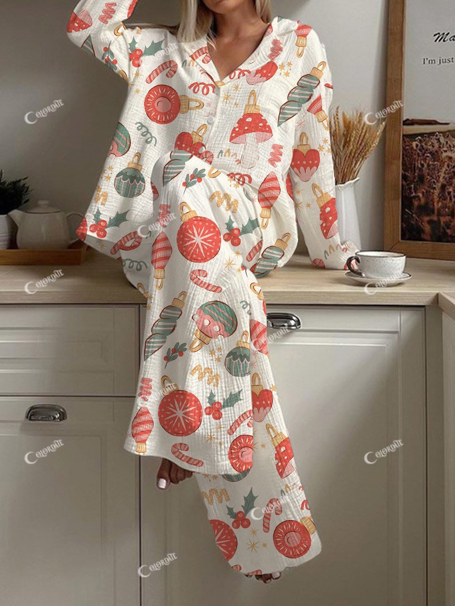 Women's Christmas Candy Cane Light Print Loose Homewear Set