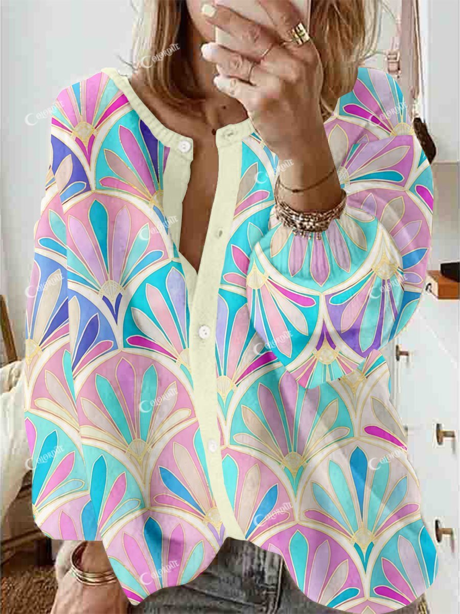 Women's Bohemian Art Print Long Sleeve Cardigan Sweater