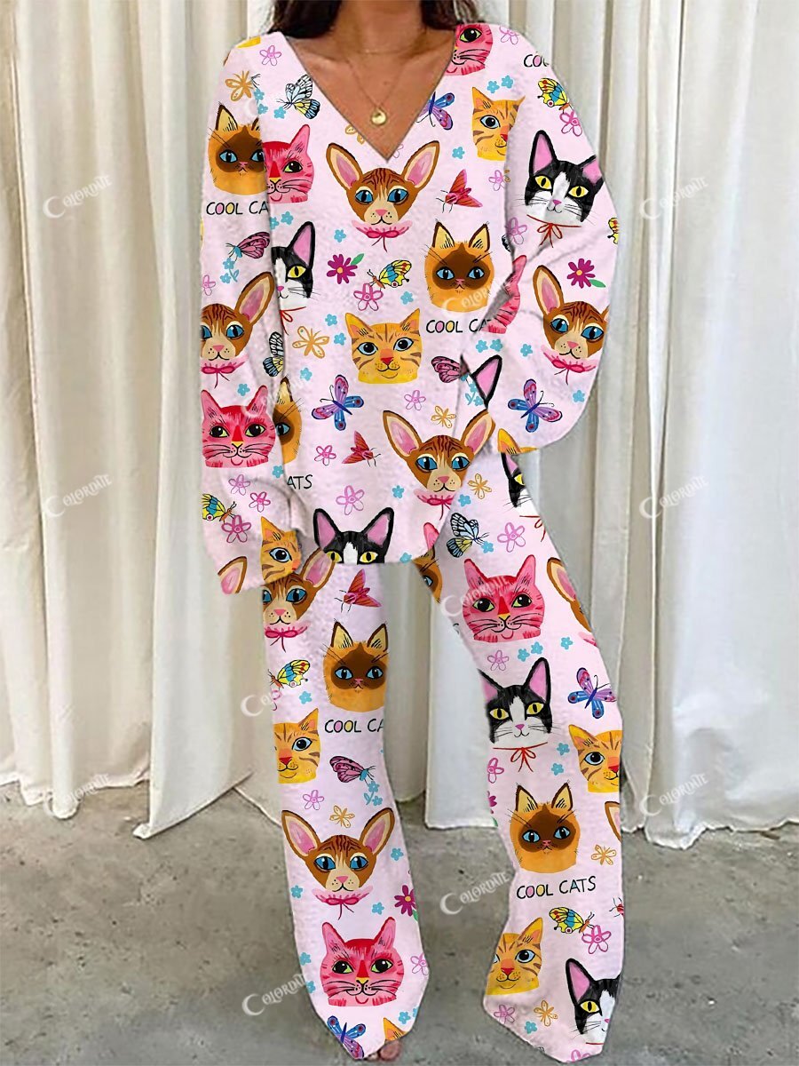 Women's Butterfly Cat Print V-Neck Suit