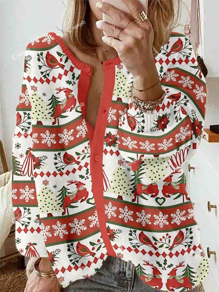 Women's Christmas Robin Elk Print Long Sleeve Cardigan Sweater