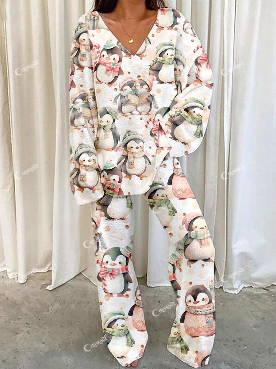 Women's Christmas Scarf Penguin Print V-Neck Suitar Set