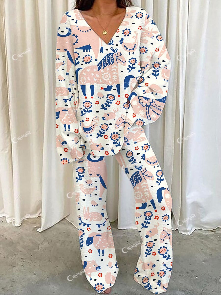 Women's Floral Rural Animal Print V-Neck Suit