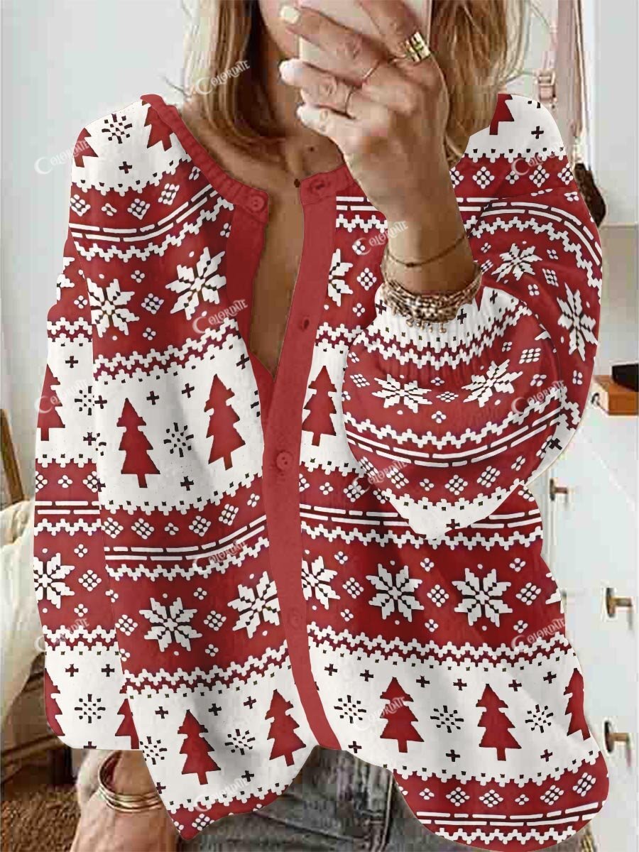 Women's Christmas Tree Snowflake Stripe Print Long Sleeve Cardigan Sweater