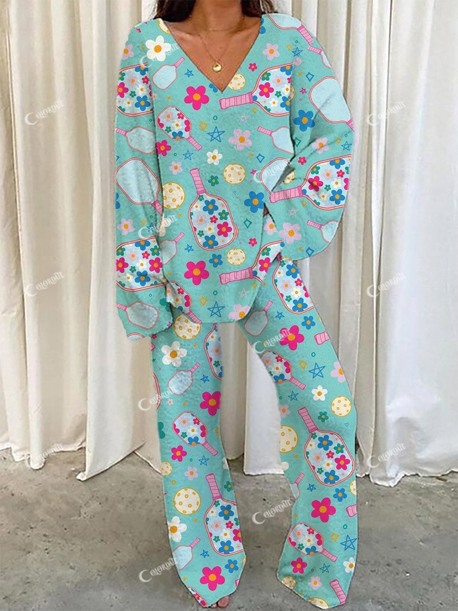 Women's Blue Artistic Floral Sports Fun Printed Home Long Sleeve Suit