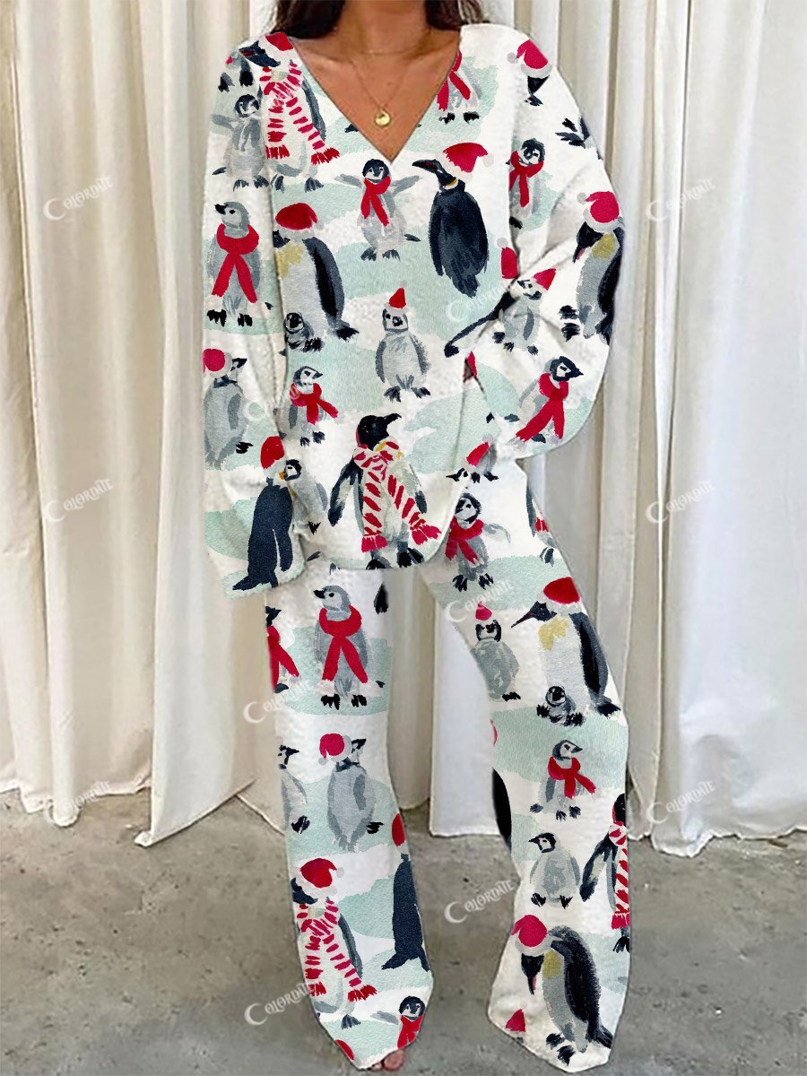 Women's Christmas Cute Animal Fun Printed Home Long Sleeve Suit