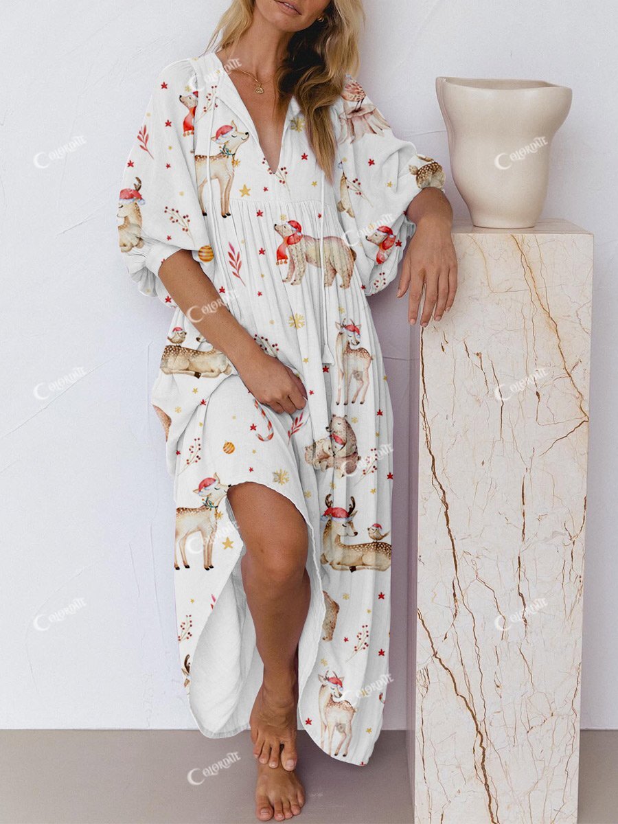 Women's Christmas Cute Animal Art Painting Printed Home Dress