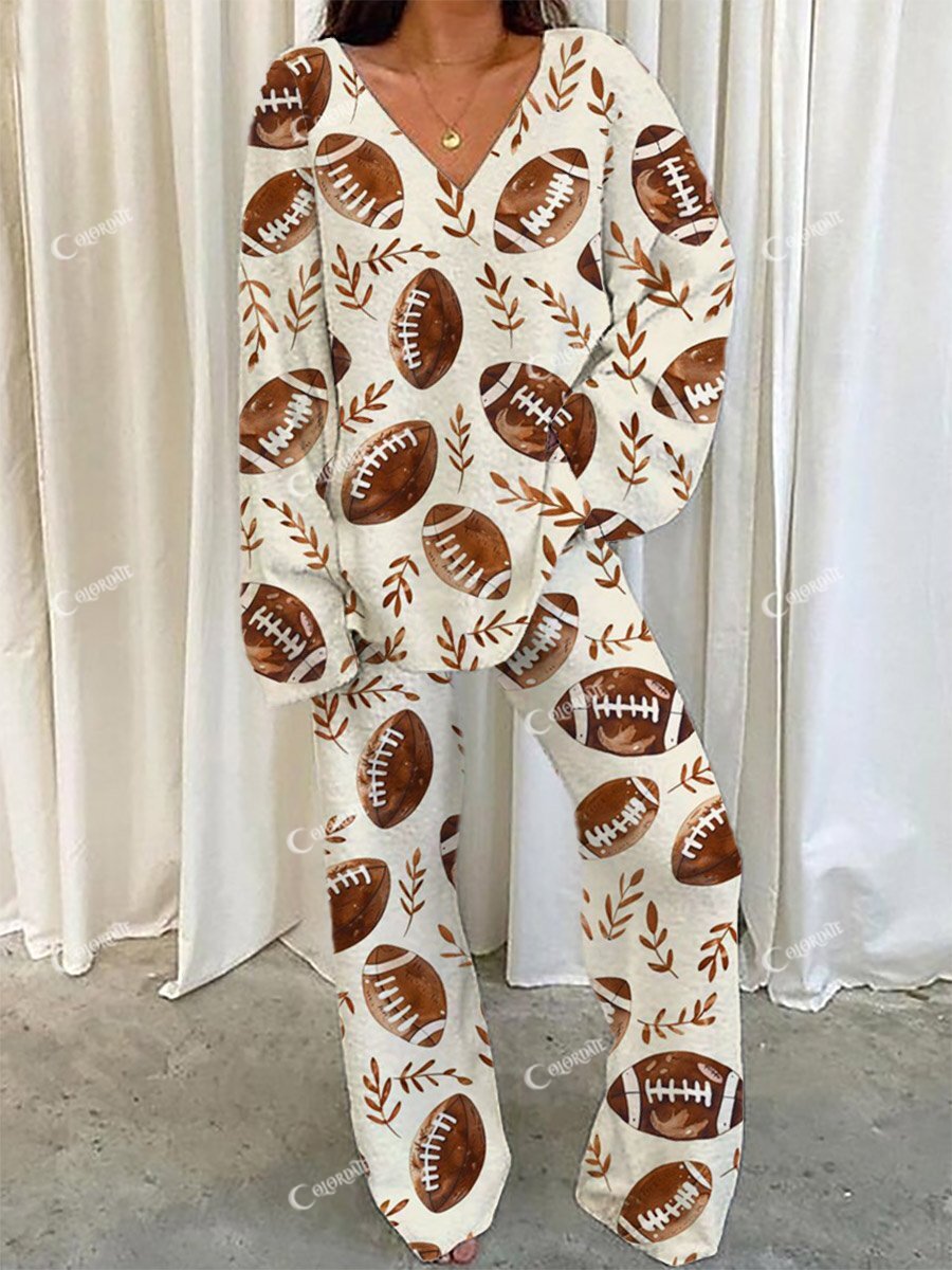 Women's Beige Art Floral Sports Fun Print Home Long Sleeve Suit
