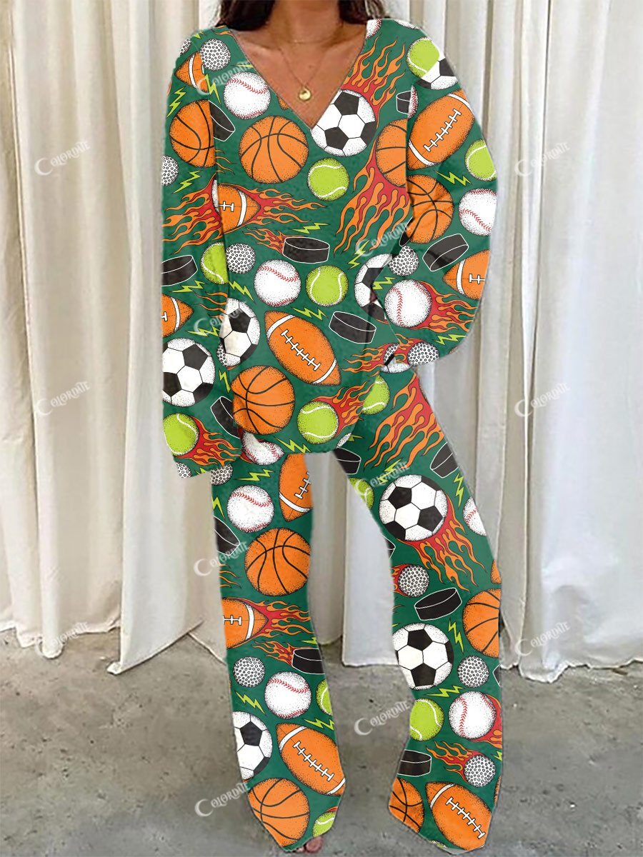 Women's Green Sports Fun Printed Home Long Sleeve Suit