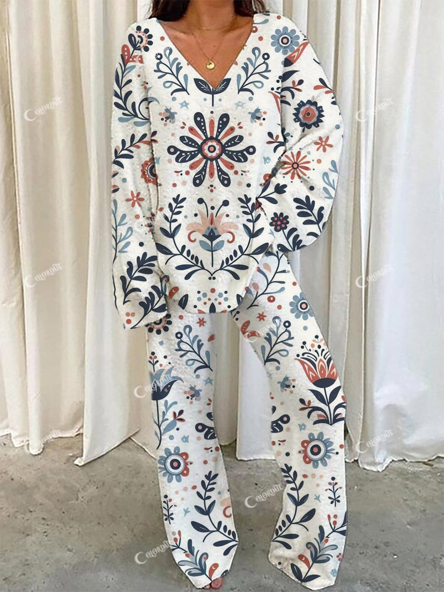 Women's Bohemian Art Painting Printed Home Long Sleeve Suit