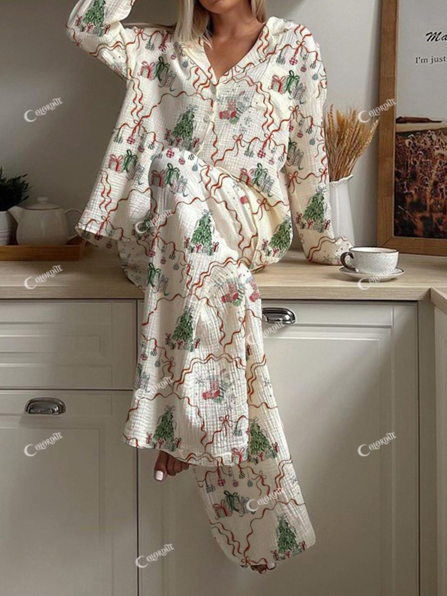 Women's Christmas Art Painting Printed Home Long Sleeve Suit
