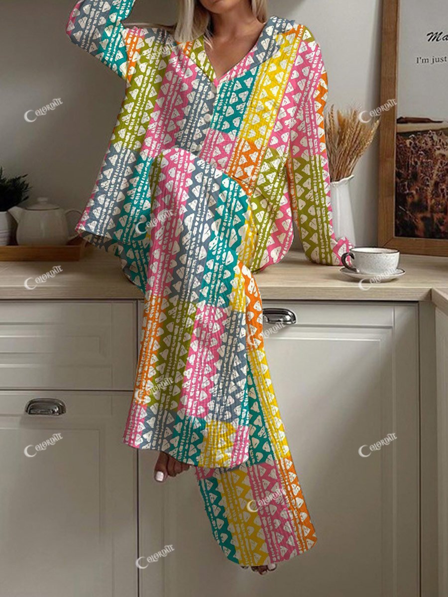 Women's Colorful Bohemian Art Painting Printed Home Long Sleeve Suit
