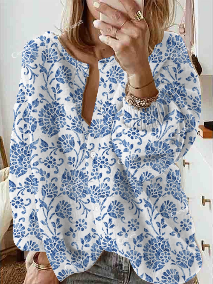 Women's Blue Bohemian Art Floral Print Home Cardigan Sweater