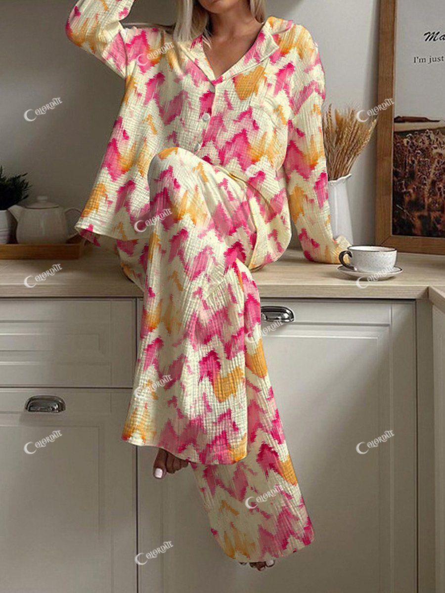 Women's Beige Bohemian Art Painting Printed Home Long Sleeve Suit