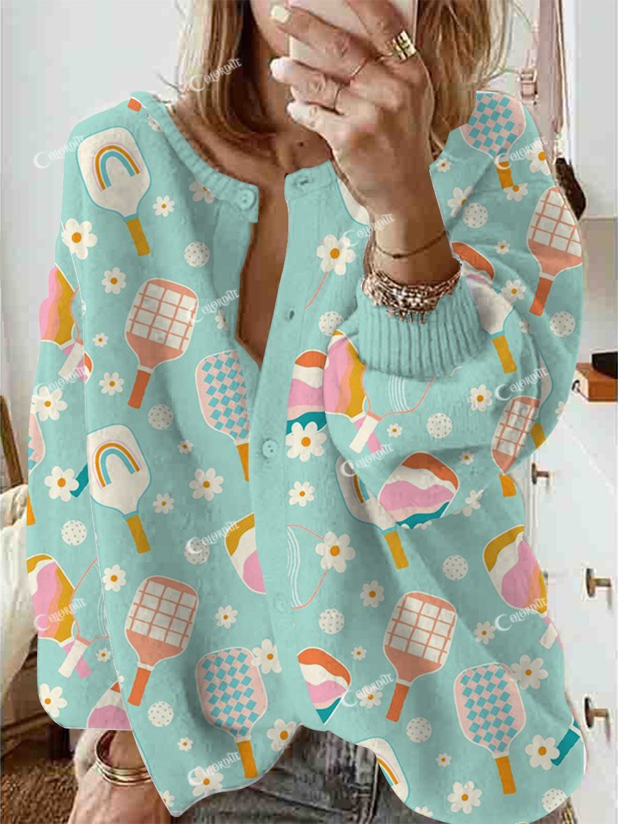 Women's Blue Sports Art Floral Print Cardigan Sweater