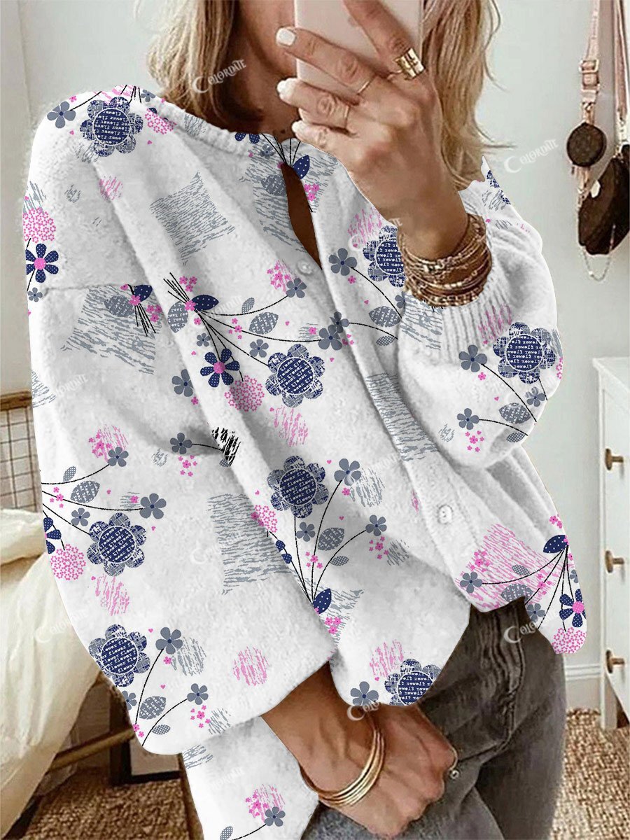 Women's Hand Painted Floral Long Sleeve Cardigan Sweater