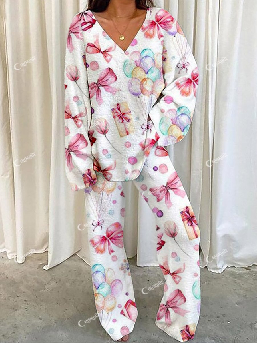 Women's Balloon Bow Gift Pattern V-Neck Long Sleeve Pants Suit