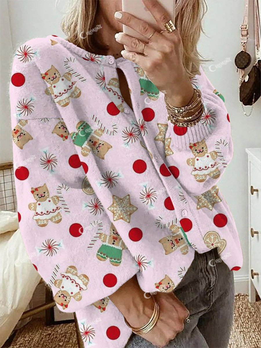 Women's Christmas Gingerbread Kitten Long Sleeve Cardigan Sweater
