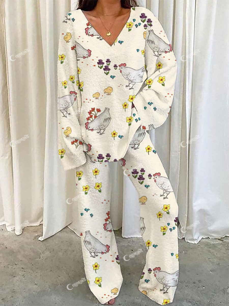 Women's Farm Chicken Pattern V-Neck Long Sleeve Pants Suit