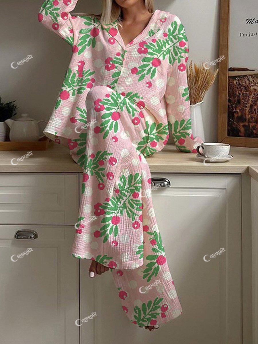 Women's Christmas Holly Pattern Long Sleeve Pant Set