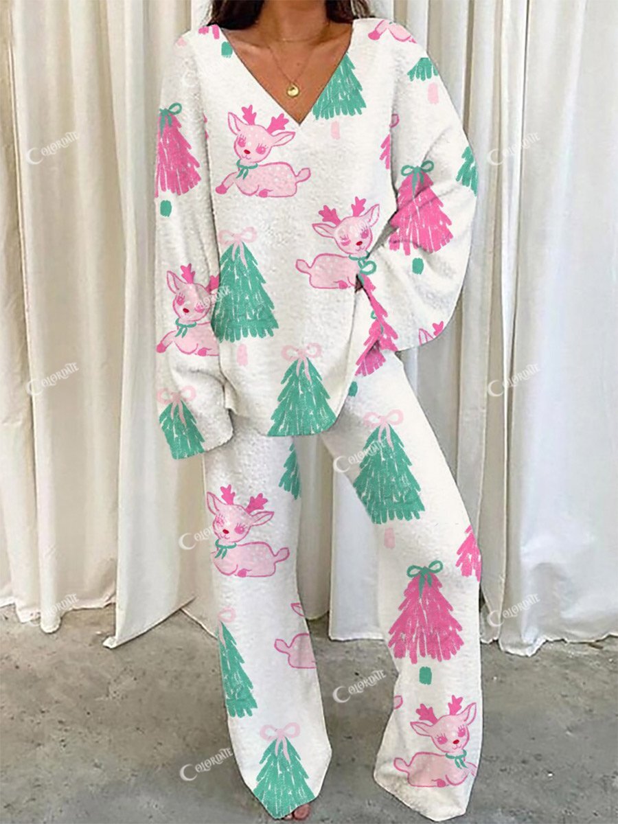 Women's Christmas Forest Deer Pattern V-Neck Long Sleeve Pants Suit