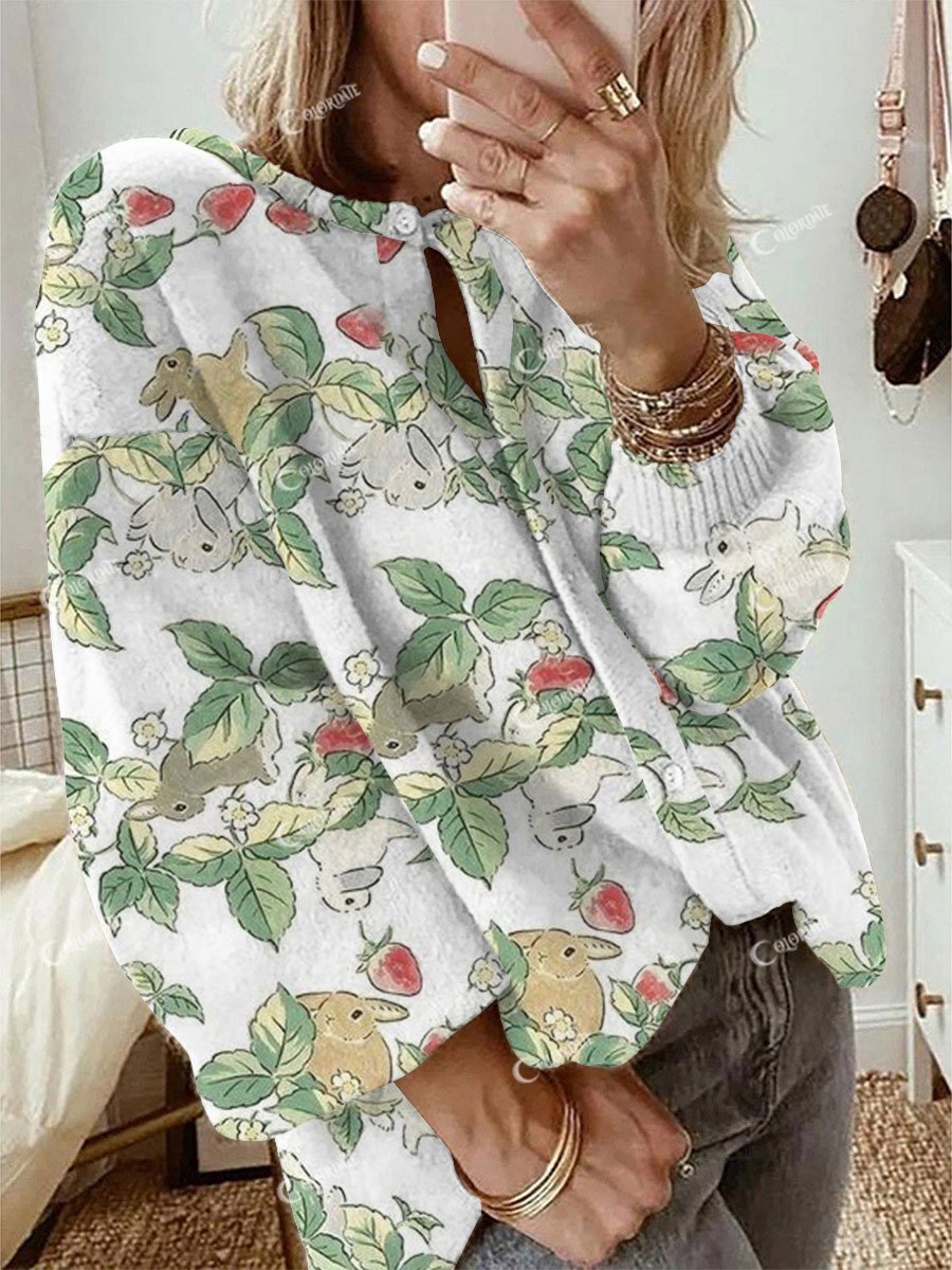 Women's Strawberry Bunny Long Sleeve Cardigan Sweater