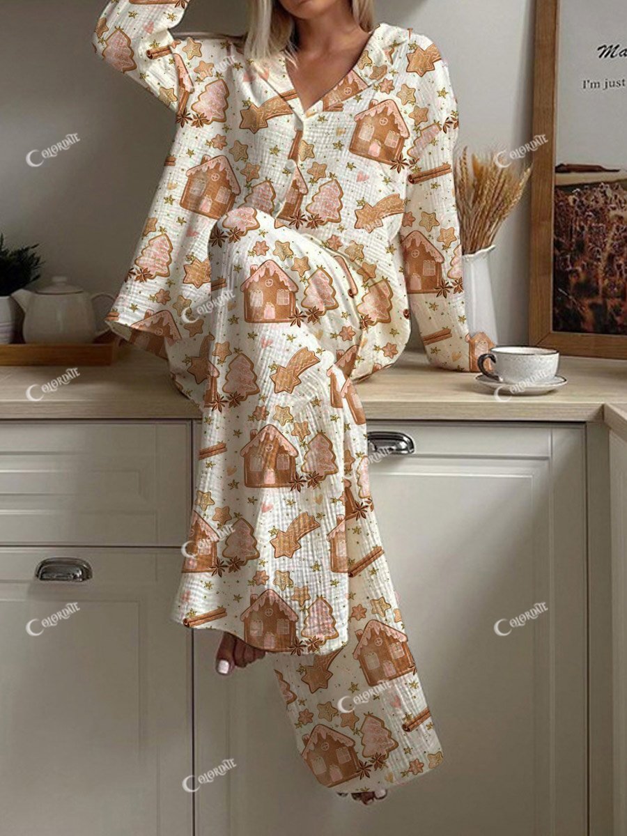 Women's Christmas Gingerbread House Pattern Long Sleeve Pants Set