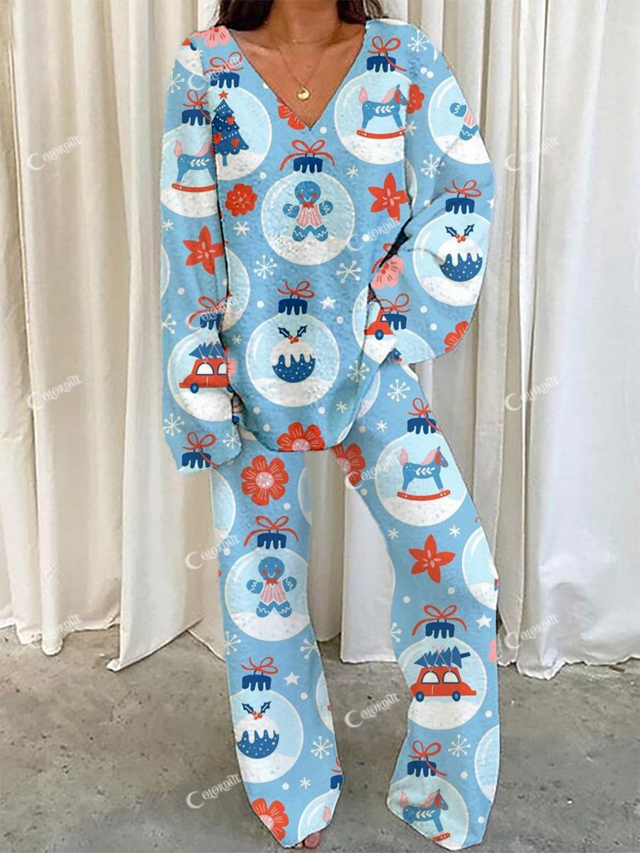 Women's Christmas Lights Pattern V-Neck Long Sleeve Pants Suit