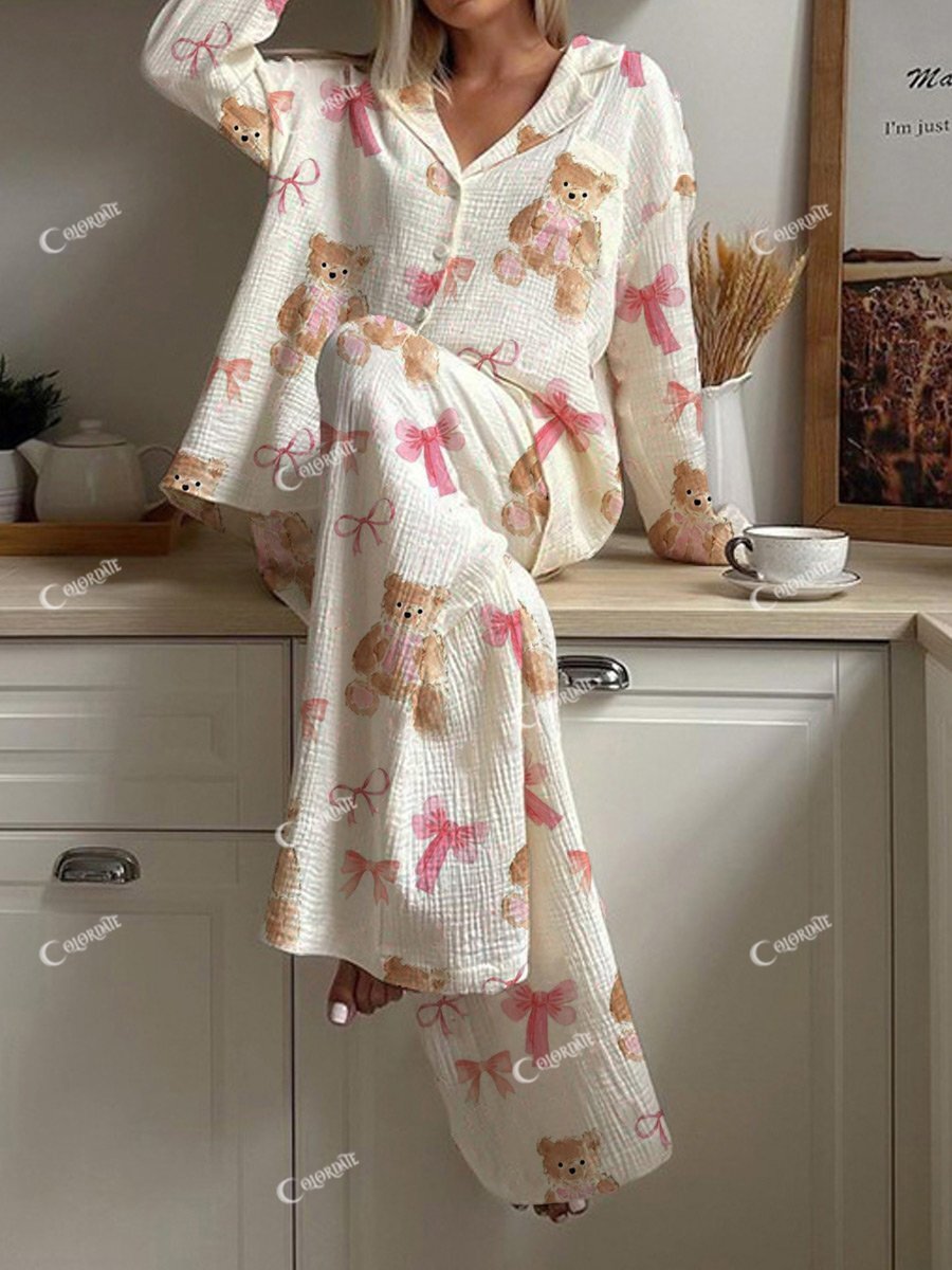 Women's Cute Bear Bow Pattern Long Sleeve Pants Set
