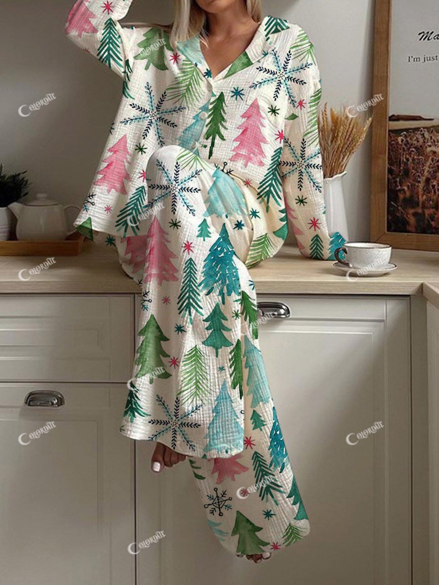 Women's Christmas Hand-Painted Christmas Tree Pattern Long Sleeve Pants Suit