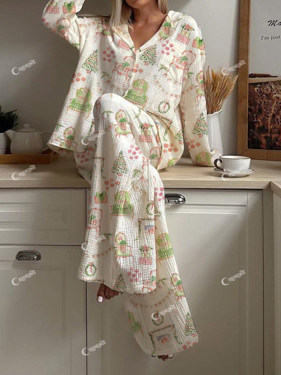 Women's Christmas Hand-Painted Long Sleeve Pants Set