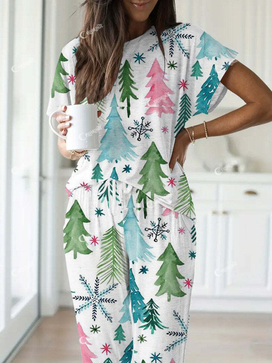 Women's Christmas Hand-Painted Short Sleeve Pants Set