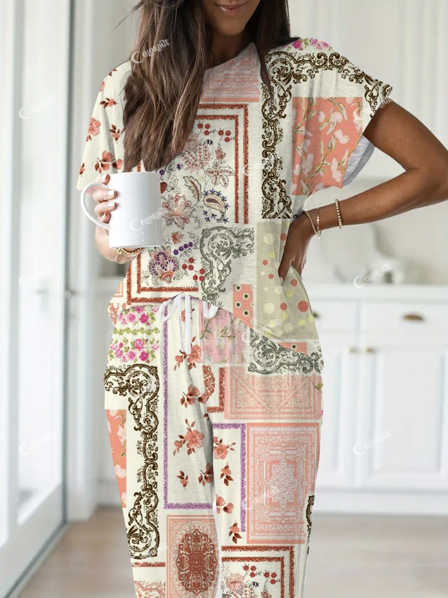 Women's Bohemian Pattern Short Sleeve Pants Set