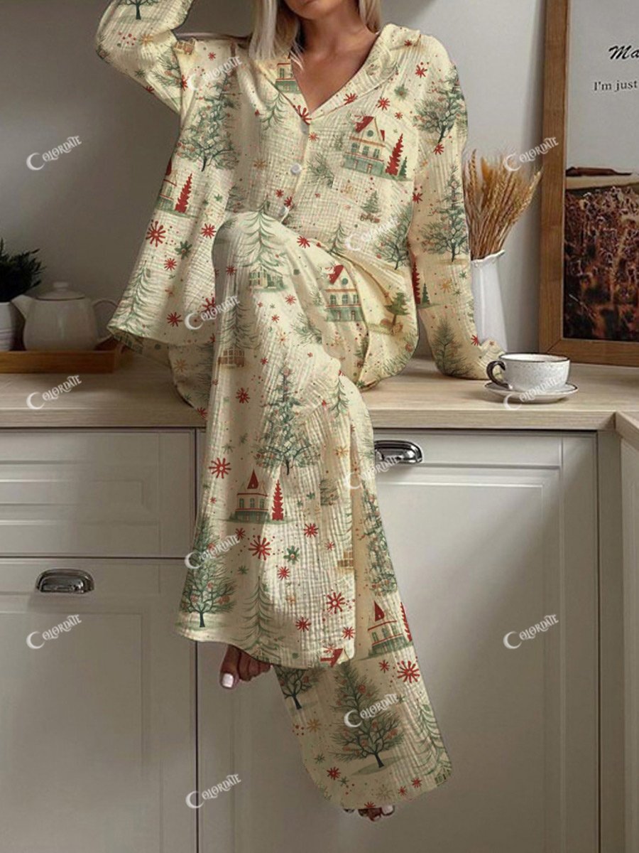 Women's Christmas Snow Hand-Painted Pattern Long Sleeve Pants Set