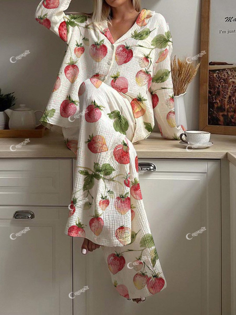 Women's Strawberry Hand-Painted Long Sleeve Pants Set