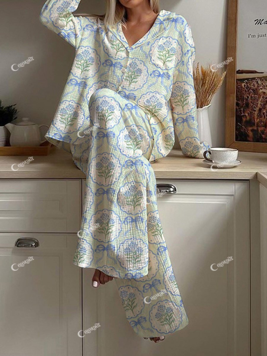 Women's Bow Floral Hand-Painted Long Sleeve Pants Set