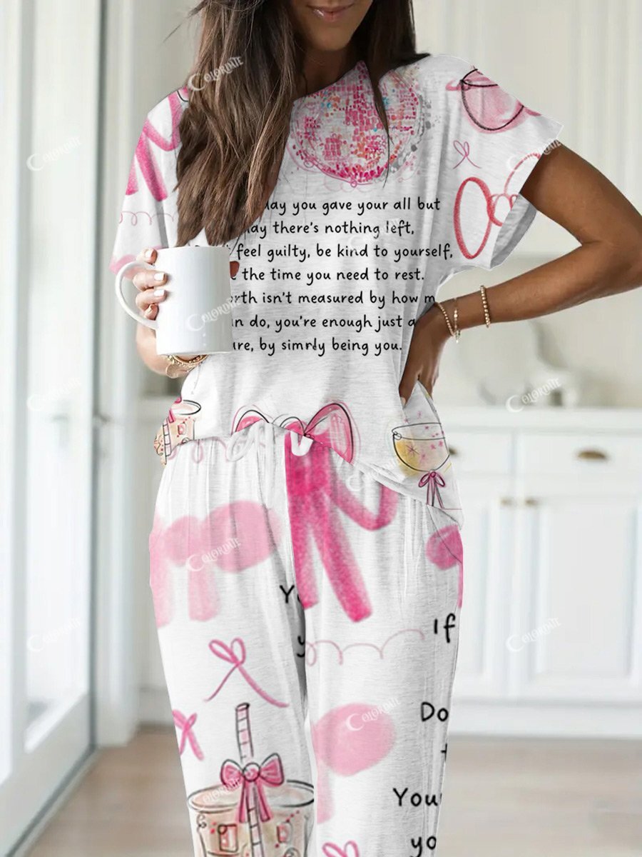 Women's Bowknot Text Hand-painted Pattern Short Sleeve Pants Suit