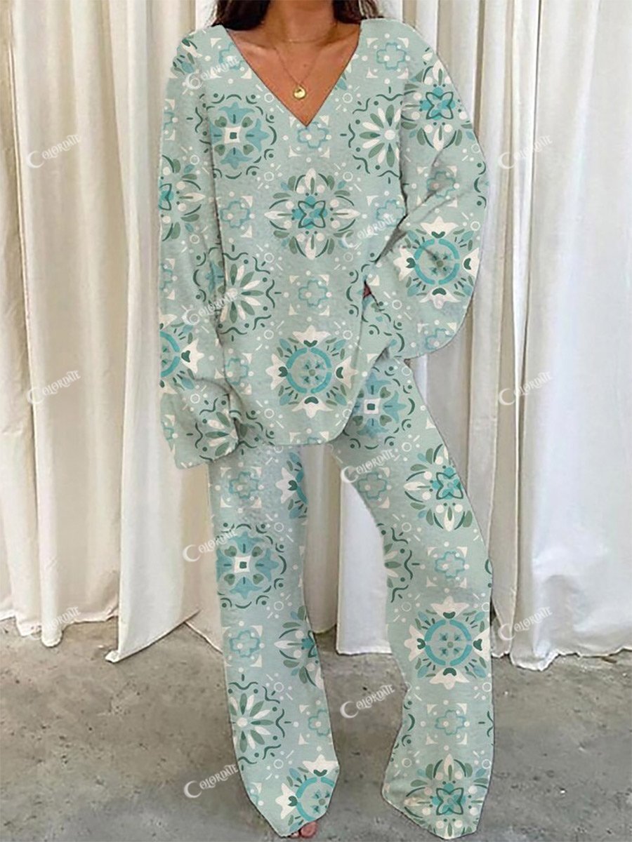 Women's Bohemian Pattern V-Neck Long Sleeve Pants Set